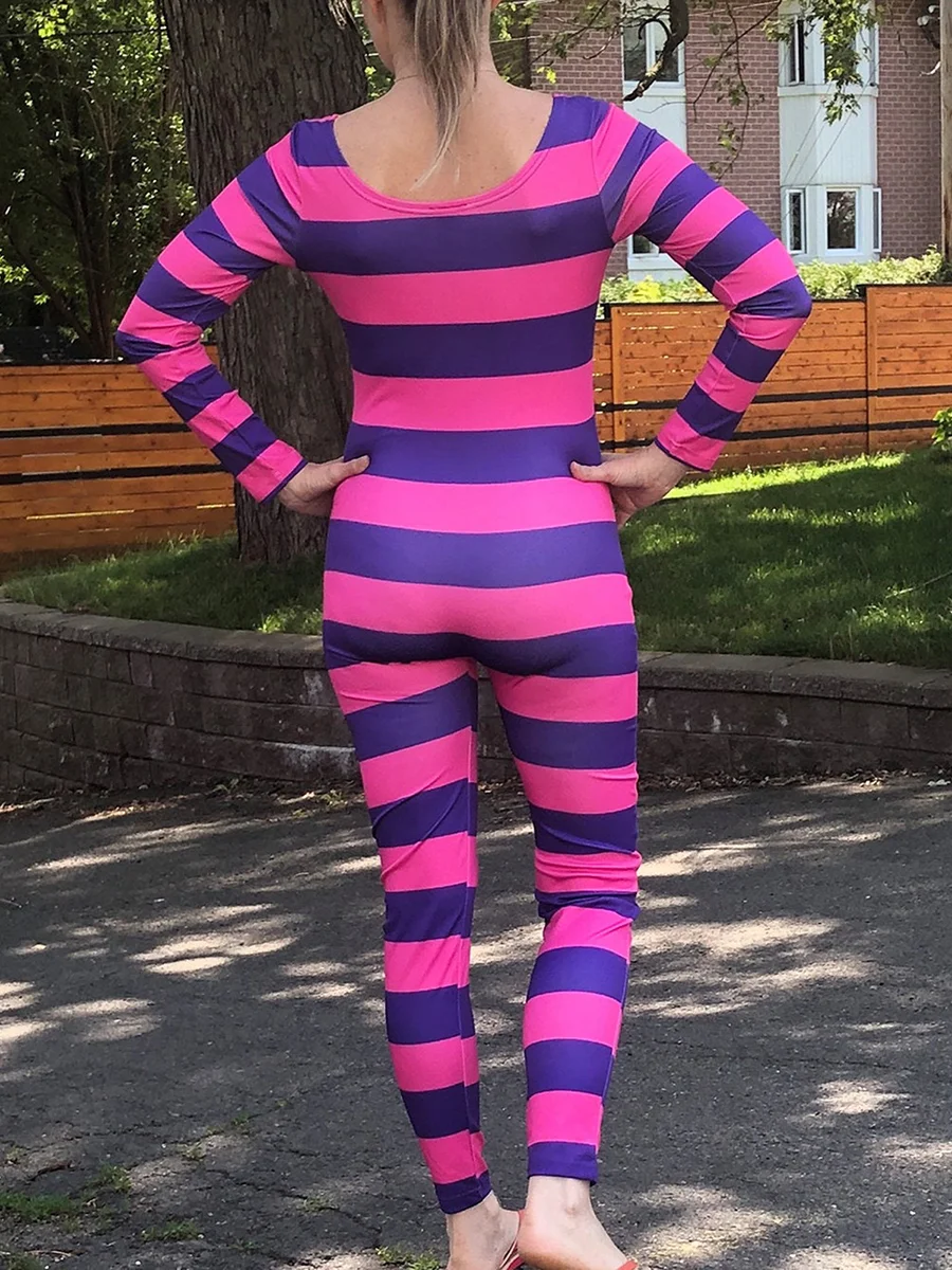 Huibahe Women's Cheshire Cat Halloween Costume Pink Purple Striped Long Sleeve Jumpsuit Cosplay Outfit