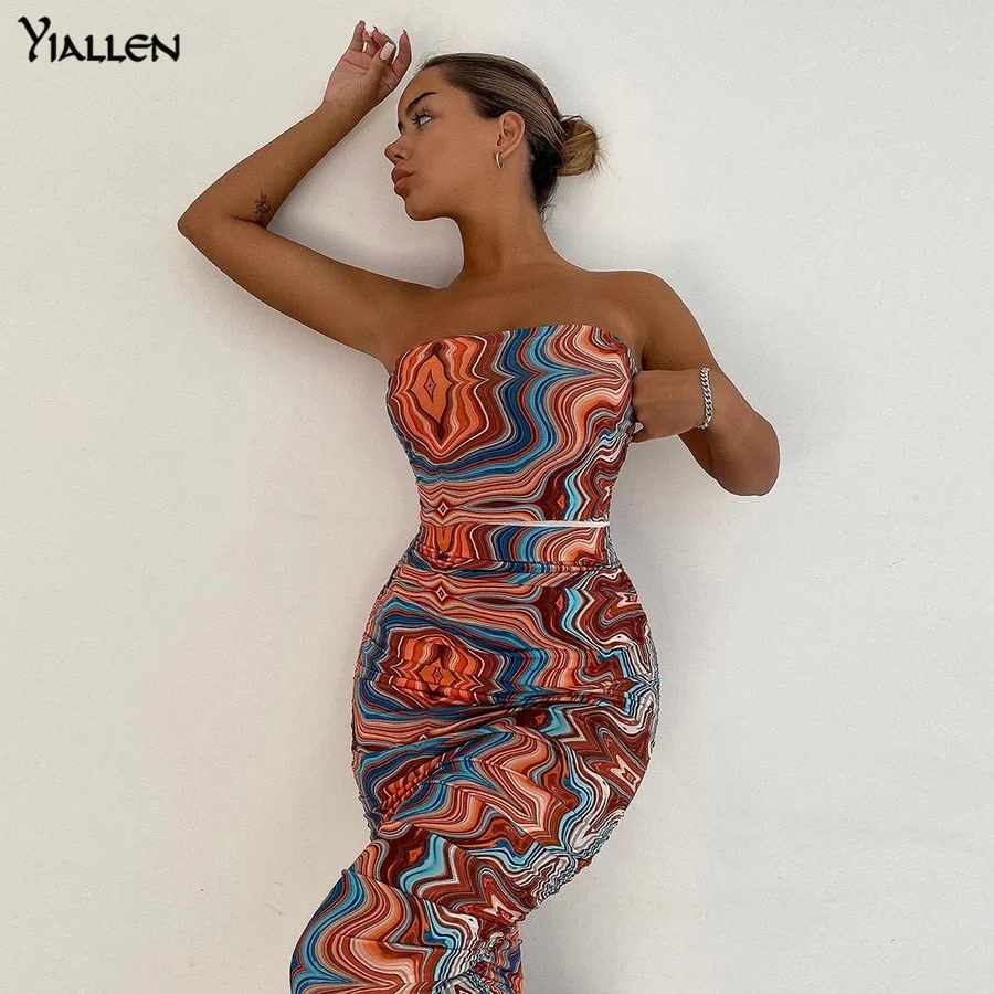 Yiallen Colorful Print Sexy Strapless Dress Women Sleeveless Skinny Stretchy Stack Trend Vacation Beach Dress Slim Outfit Hot