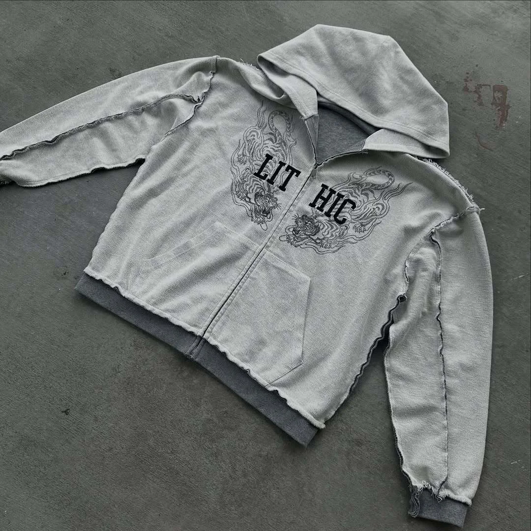 Athvotar Athvotar Personality Zippered Sweatet Double-Layer Fake Two-Piece Hooded Jacket Trendy Street Casual Sweating