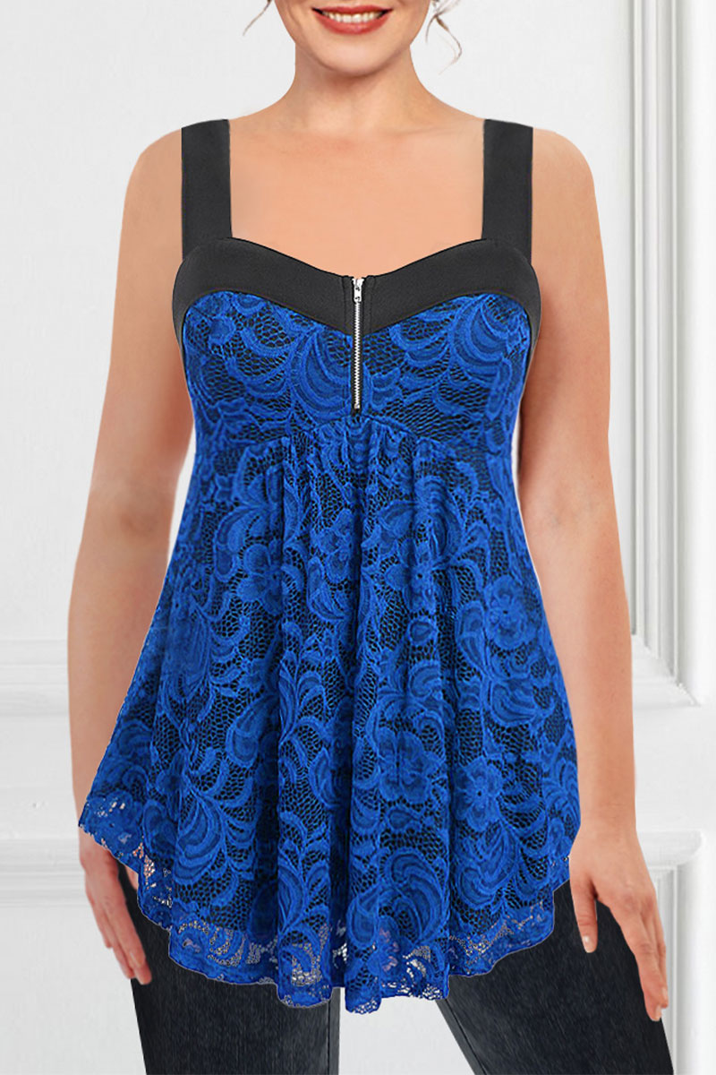 Flycurvy Plus Size Casual Navy Blue Lace Stitching Double Layered Zipper Cami Tank Top 2024 - Flycurvy 