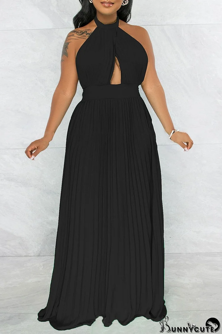 Black Elegant Solid Patchwork Backless Fold Halter Straight Dresses