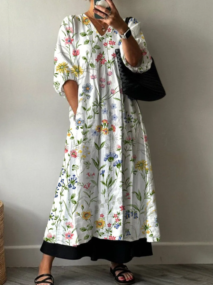 Lovely Spring Meadows Floral Pattern Printed Women's Pocket V-Neck Cotton Dress