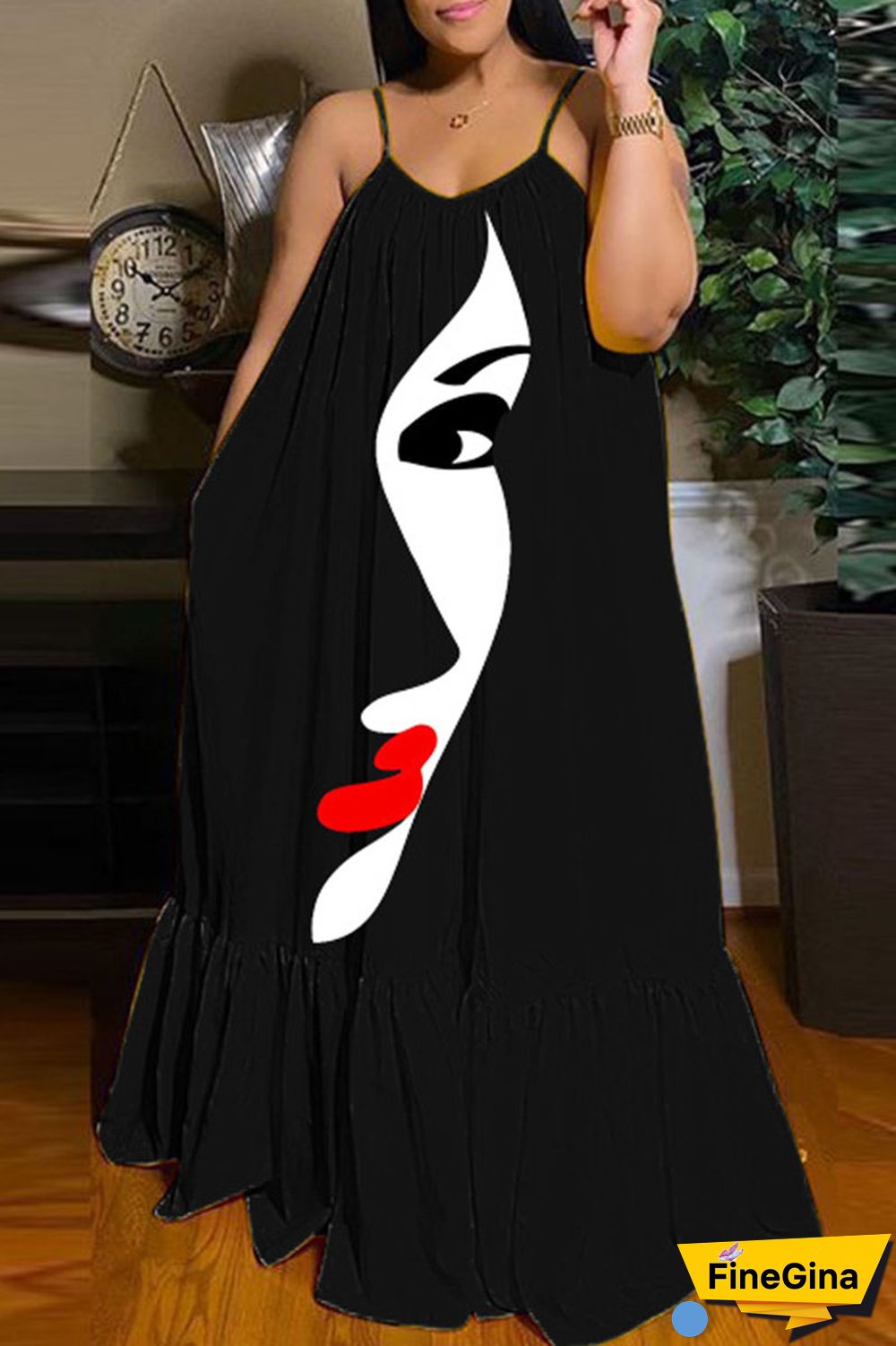 Black Brown Casual Street Print Patchwork Spaghetti Strap Sling Dress Dresses