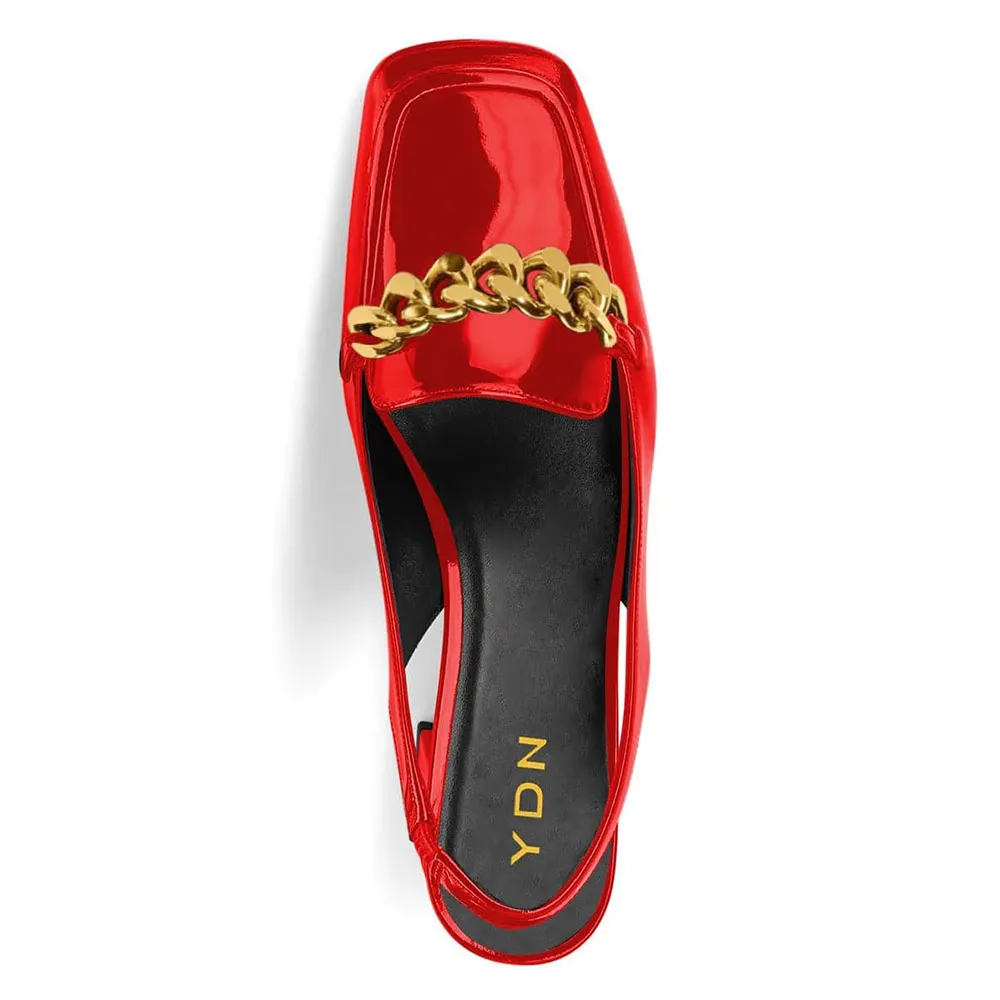 Trendy Red Square Toe Gold Chain Decor Loafer Slingback Pumps