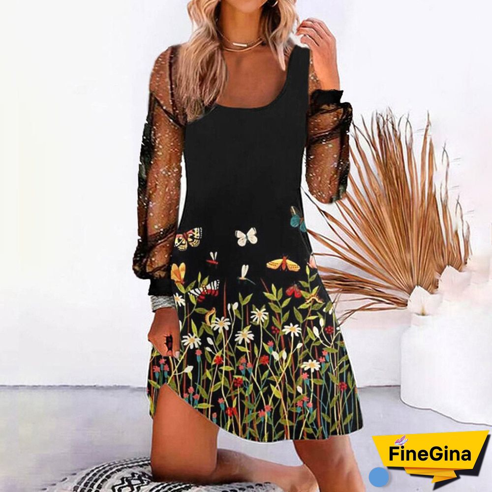 Flower Printed Women Black Dress