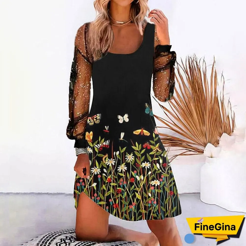 Flower Printed Women Black Dress