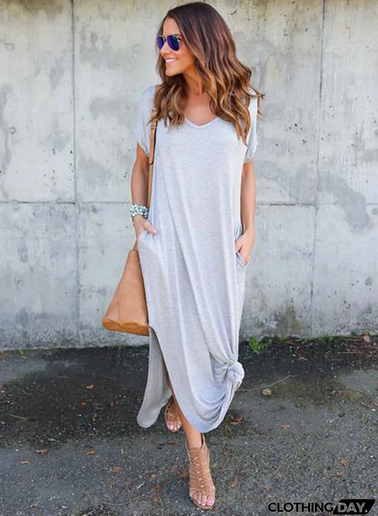 V Neck Short Sleeve Loose Fit Side Slit Maxi Dress