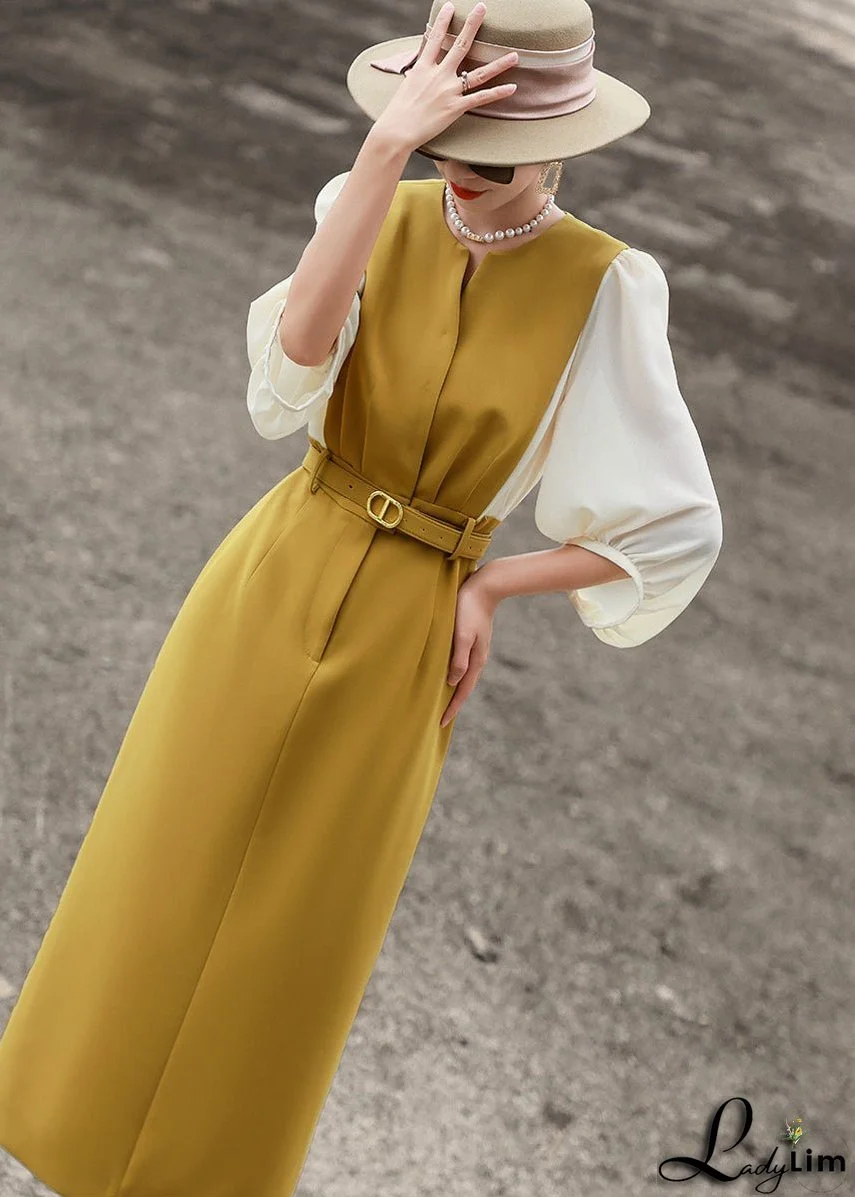 Classy Yellow O Neck Tie Waist Cotton Dress Bracelet Sleeve