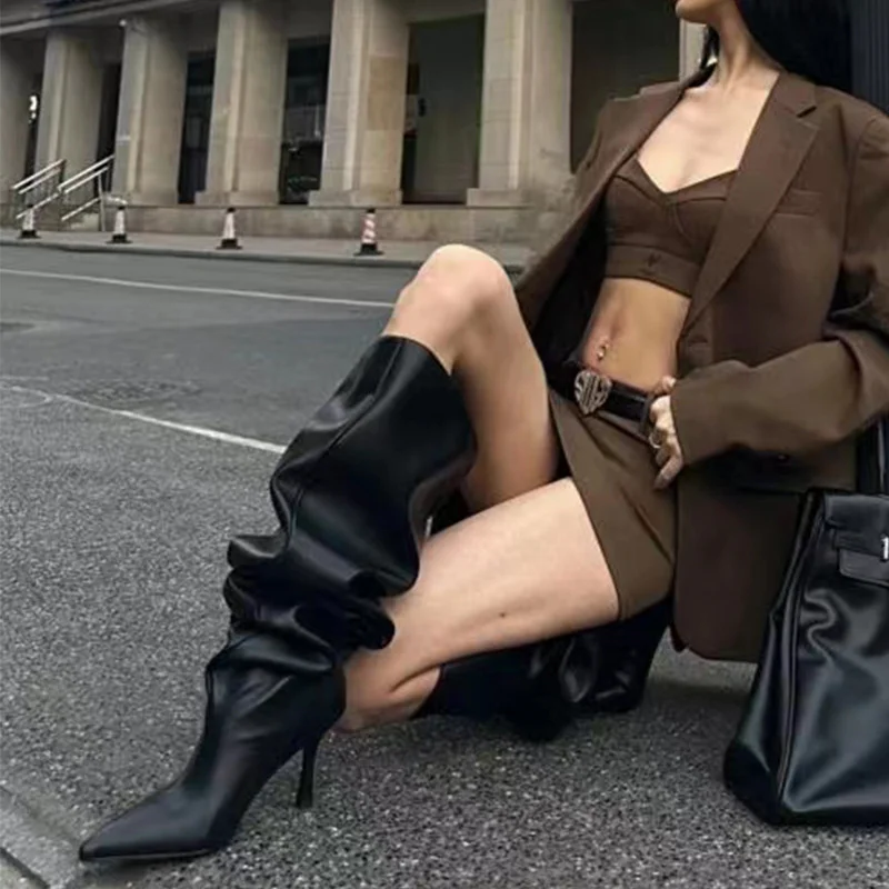 Women's Pointed toe Stiletto Boots Large Tube Wrinkle Long Tube Large Size Over Knee High Boots Novameme