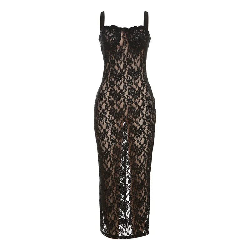 Ueong Summer New Women's Fashion One-Word Collar Sexy Perspective Lace Slim Dress Woman