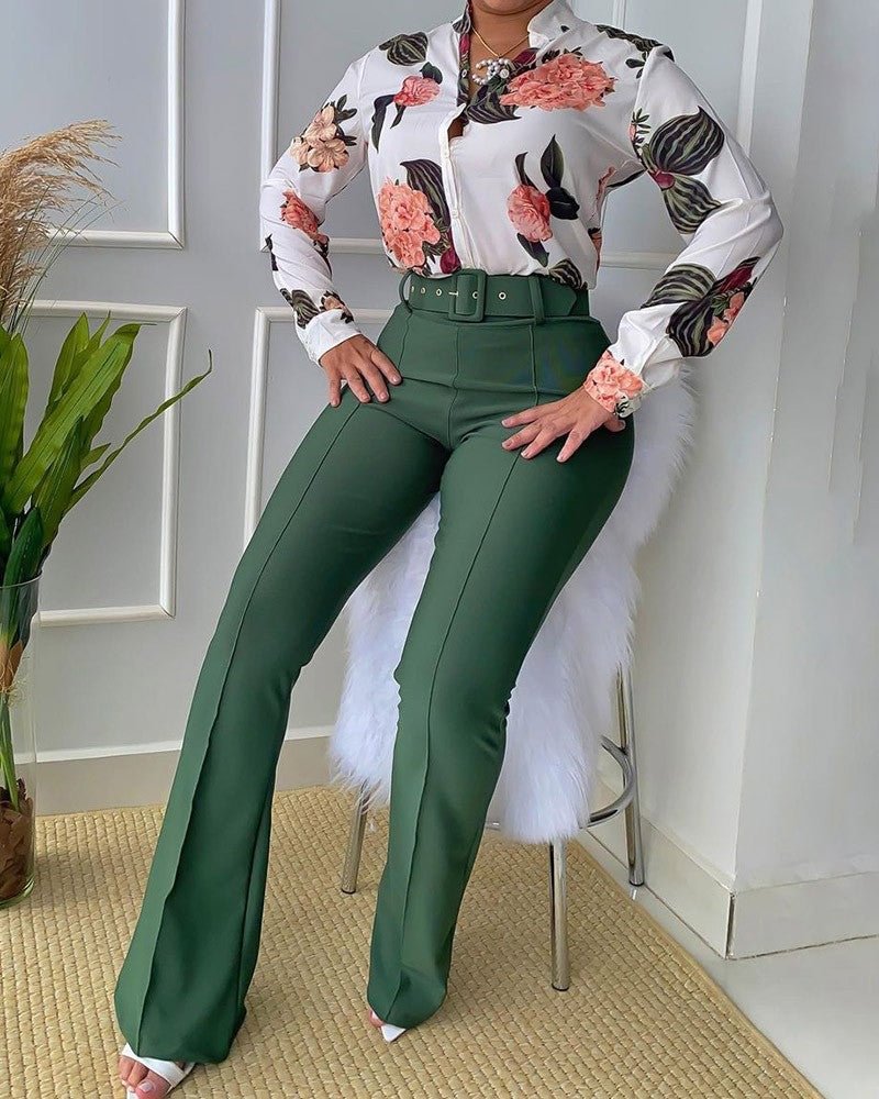 CM.YAYA Elegant INS Women Set Floral Long Sleeve Shirts and Straight Pants Suit Acitve Tracksuit Two Piece Set Fitness Outfits