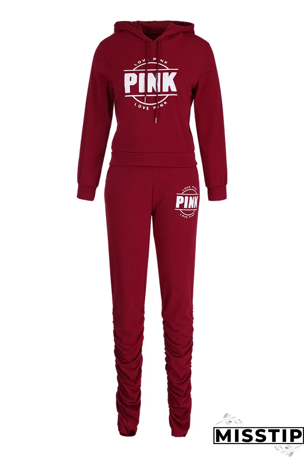 Red Fashion Casual Letter Print Fold Hooded Collar Long Sleeve Two Pieces