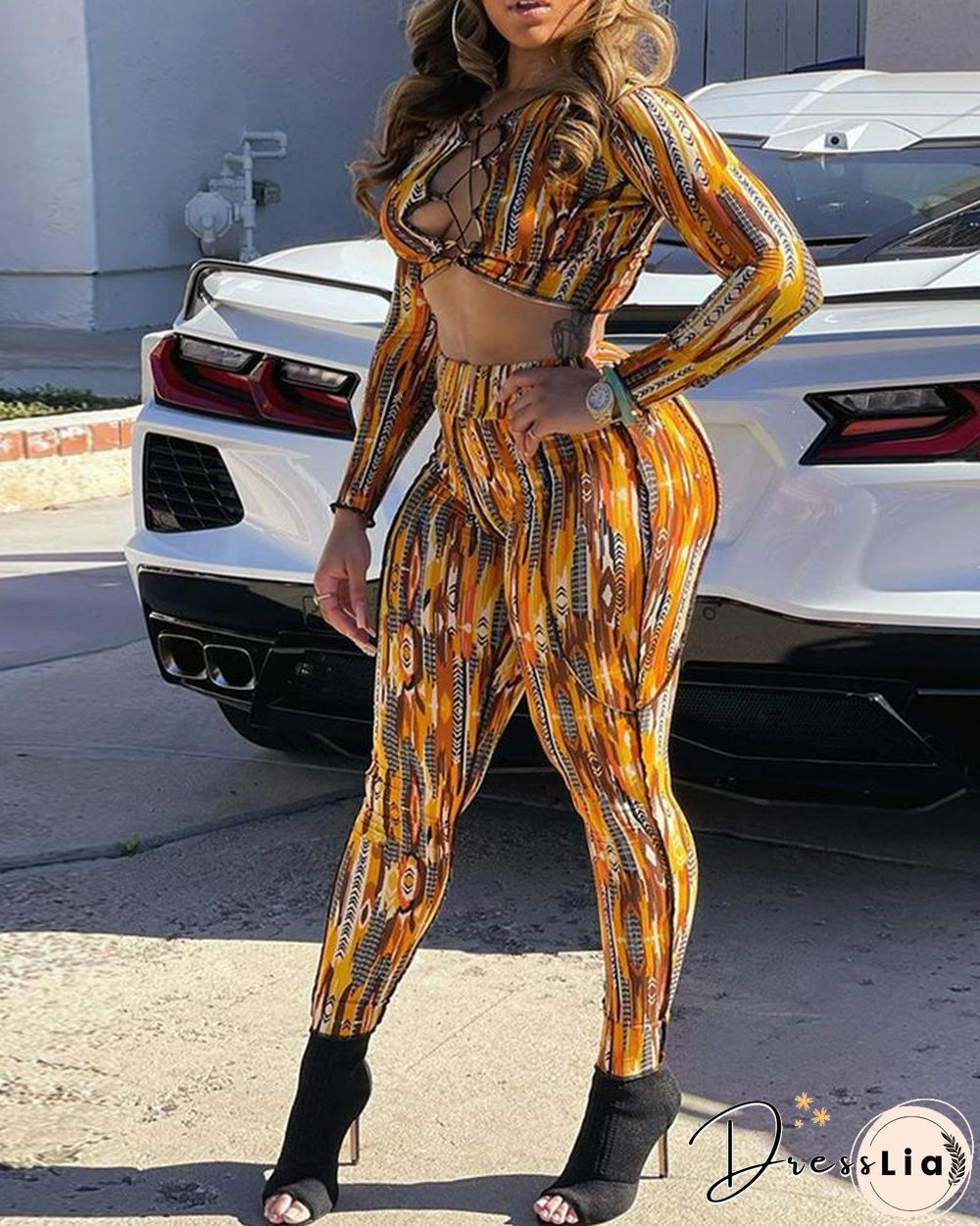 All Over Print Lace-Up Front Crop Top & Pants Set