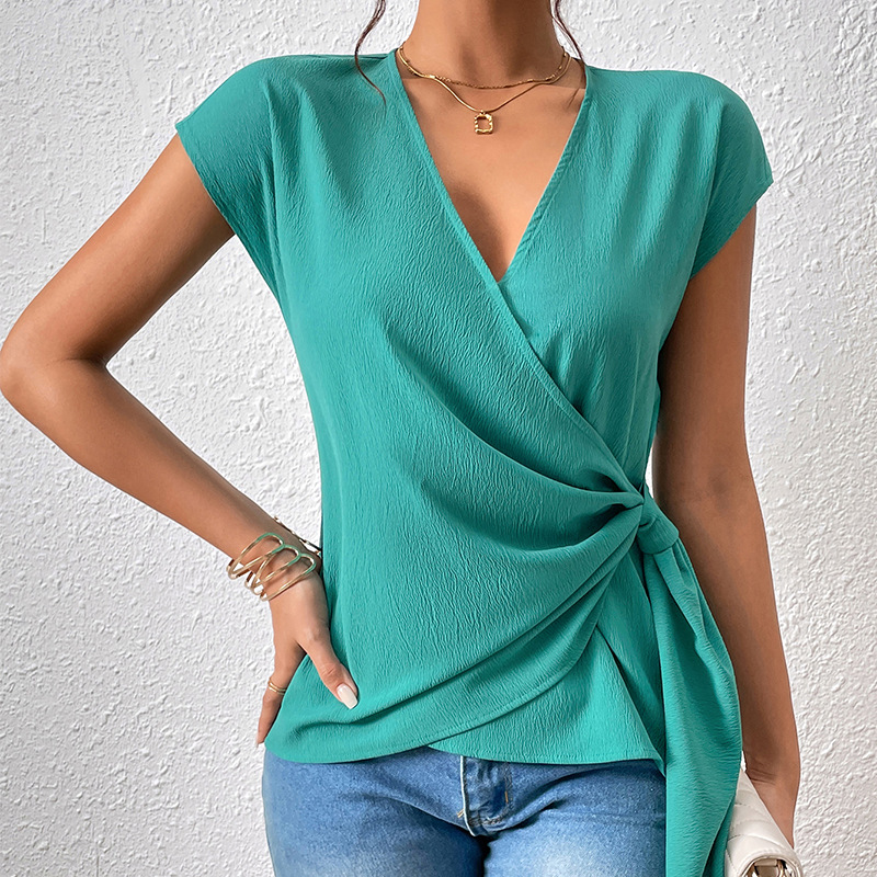 Mature Women Summer New V-neck Irregular Short Sleeve Tops