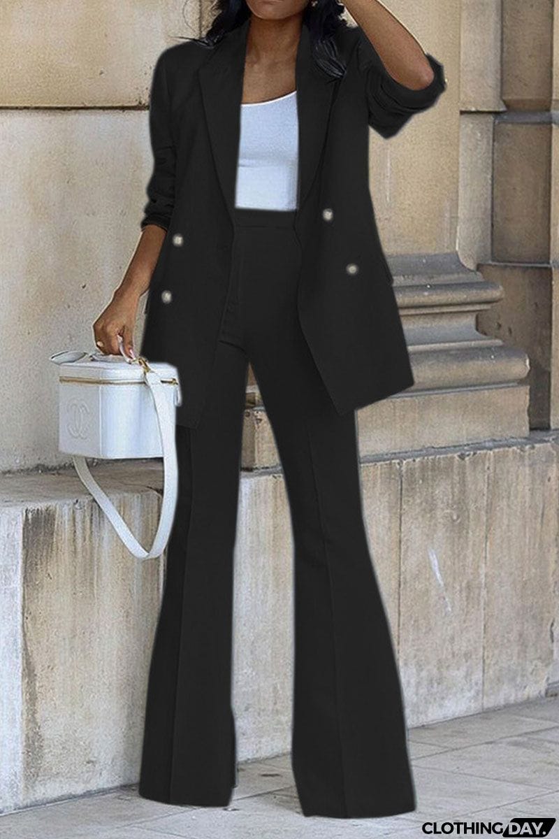 Casual Solid Patchwork Buttons Turn-back Collar Long Sleeve Two Pieces