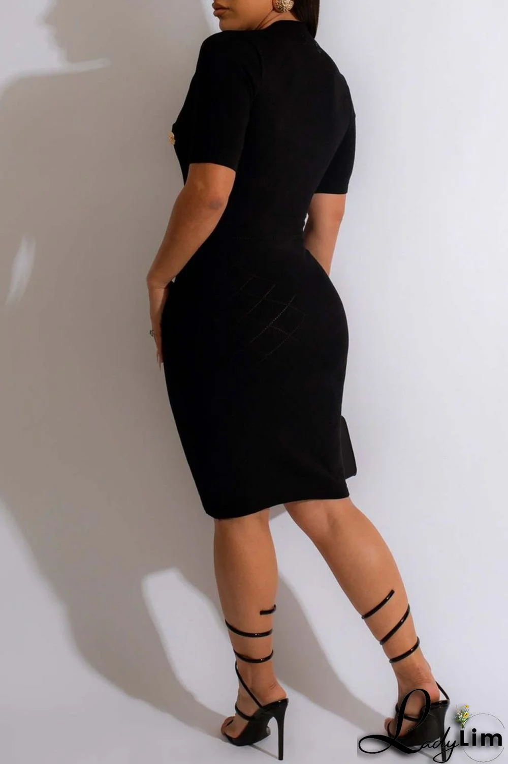 Black Casual Solid Patchwork V Neck Short Sleeve Dress