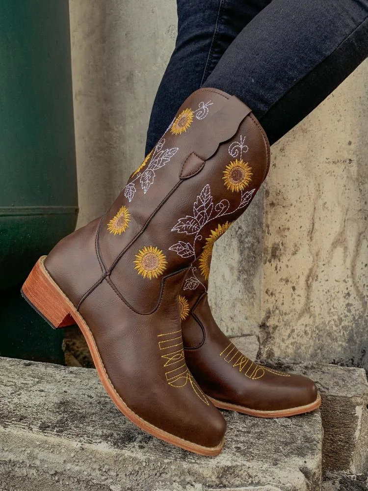 Chocolate Sunflower Embroidered Wide Mid Calf Cowgirl Boots Vintage Western Heeled Boots