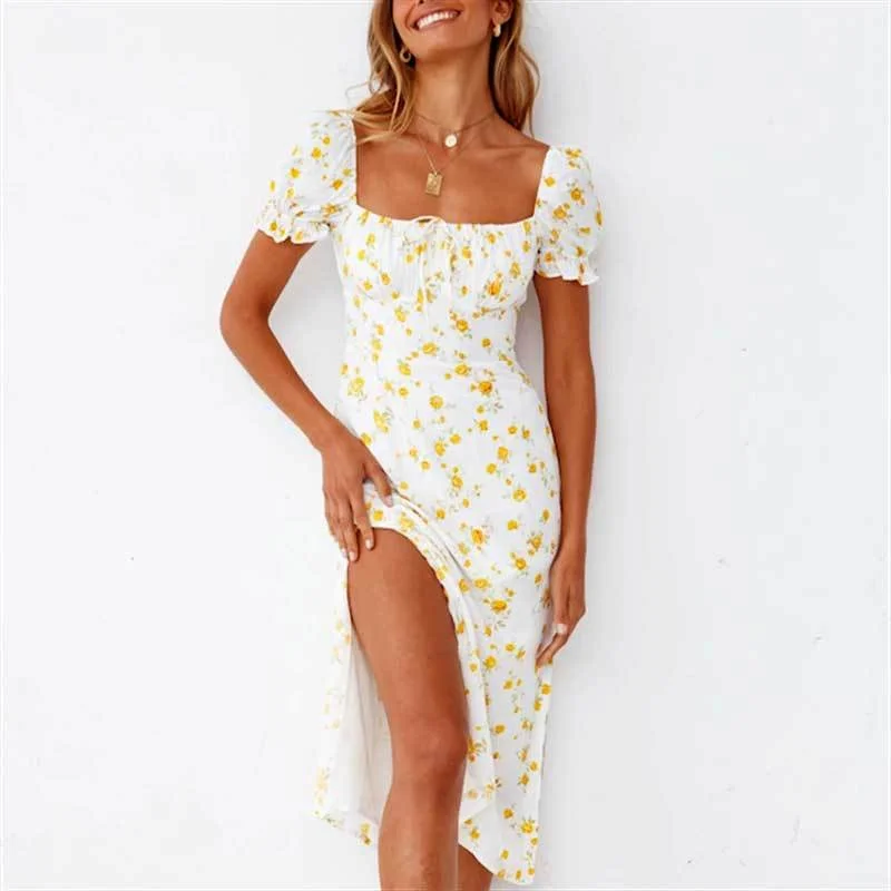 BOHO INSPIRED white cotton summer dress yellow floral slit side ladies dress new 2023 cute women dress vintage style boho dress
