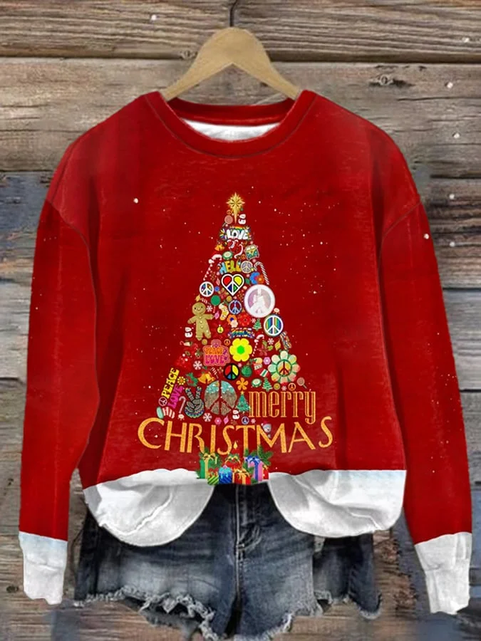 Women'S Hippie Christmas Tree Merry Christmas Printed Crew Neck Sweatshirt