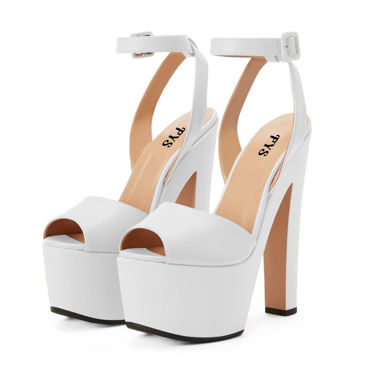 White Buckle Strap Peep Toe Chunky Heel Platform Sandals for Women Nicepairs