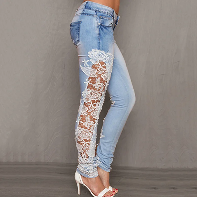 Casual Denim Patchwork Hollow Lace Floral Skinny Jeans
