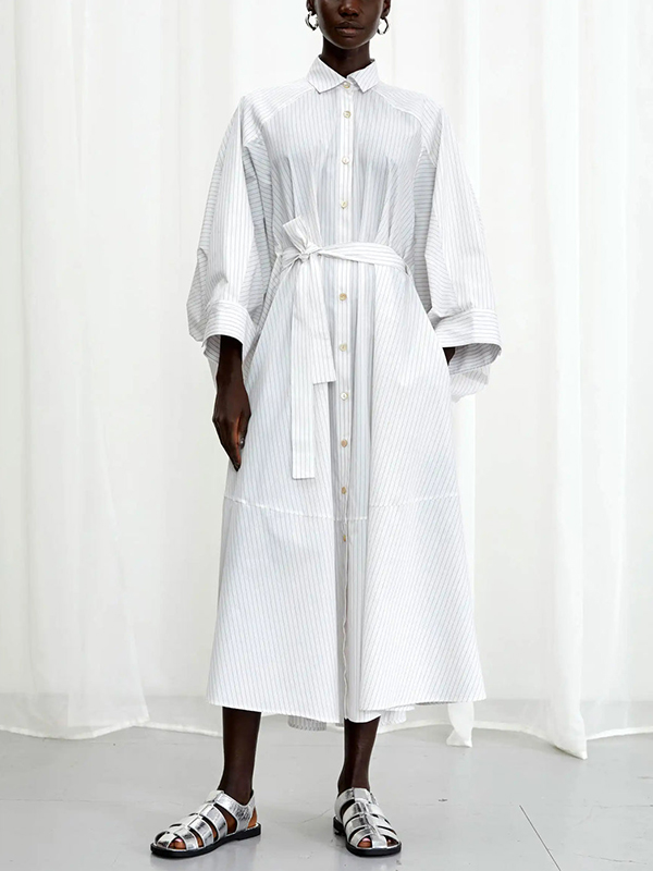 Long Sleeve Front Button Belted Striped Midi Dress
