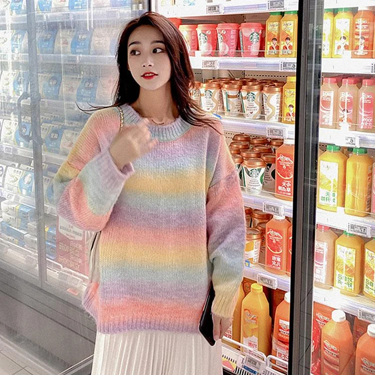 Rainbow Gradient Stripe Loose Sweater - Modakawa Modakawa