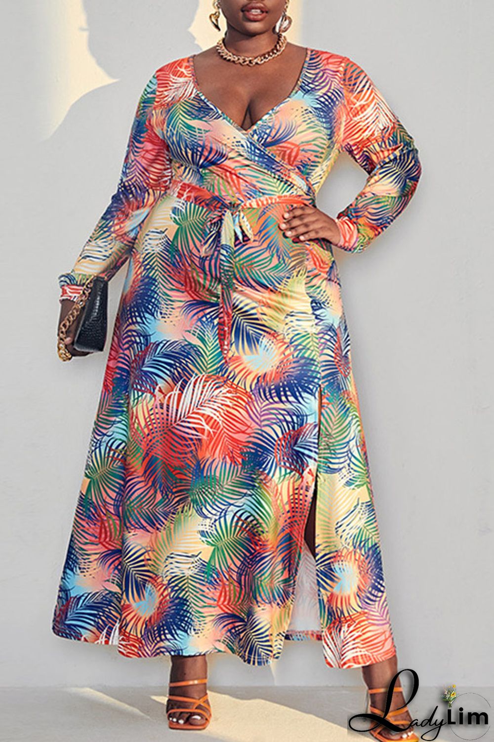 Multicolor Fashion Casual Print Bandage Split Joint V Neck Straight Plus Size Dresses