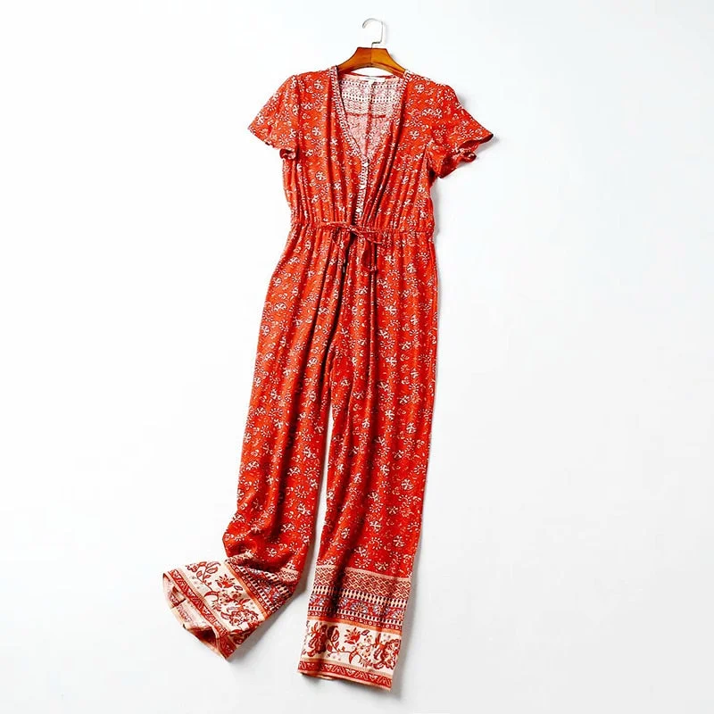 Fitshinling Bohemian Print Long Jumpsuit Wide Legs Pants Cotton Romper Women Deep V Neck Sexy Holiday Summer Playsuits Female