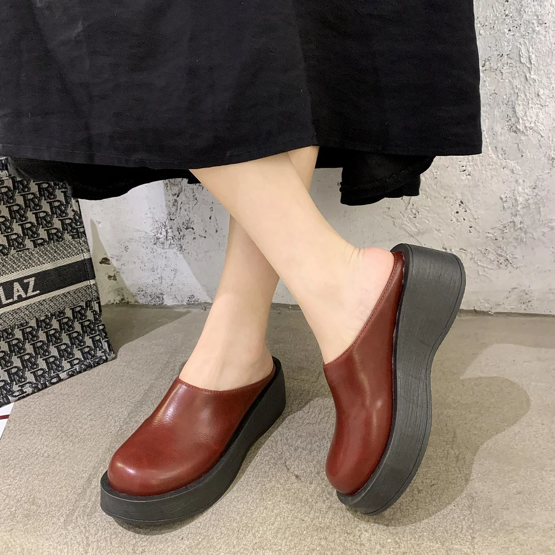 Wongn Wongn Platform Bottom Shoes Female Real Leather Skin Cool Drag High Heel Waterproof Table Slippers Summer Outside Slope Heel Head Half Drag