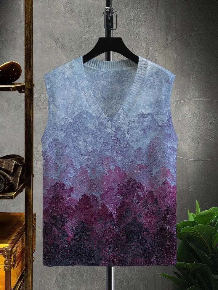 Men's Watercolor Gradient Forest Print V Neck Knit Vest