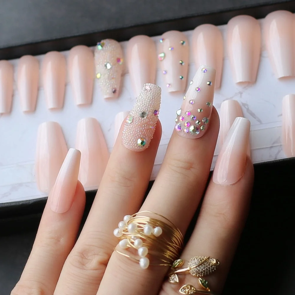 Handmade Ombre Gel nude coffin reusable Press on nails box pink Acrylic nails UV bling 3d crystal Ballet fasle nails-Nail Inspo