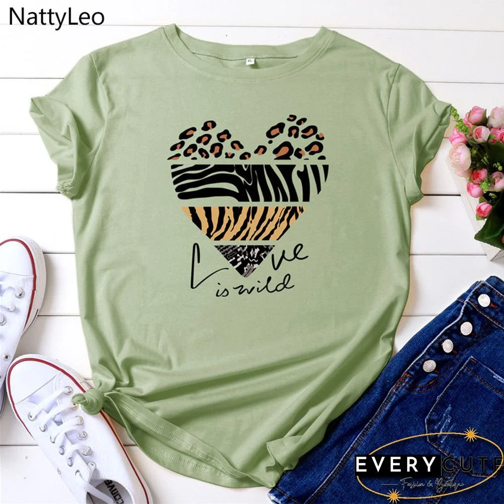 White Woman Tshirts Summer TShirt Fashion Heart Leopard Print Shirt 100%Cotton Tops O Neck Short Sleeve Tees Women Graphic Tee