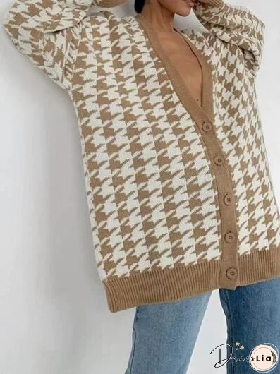 Houndstooth Button Up Long Sleeve Cardigan