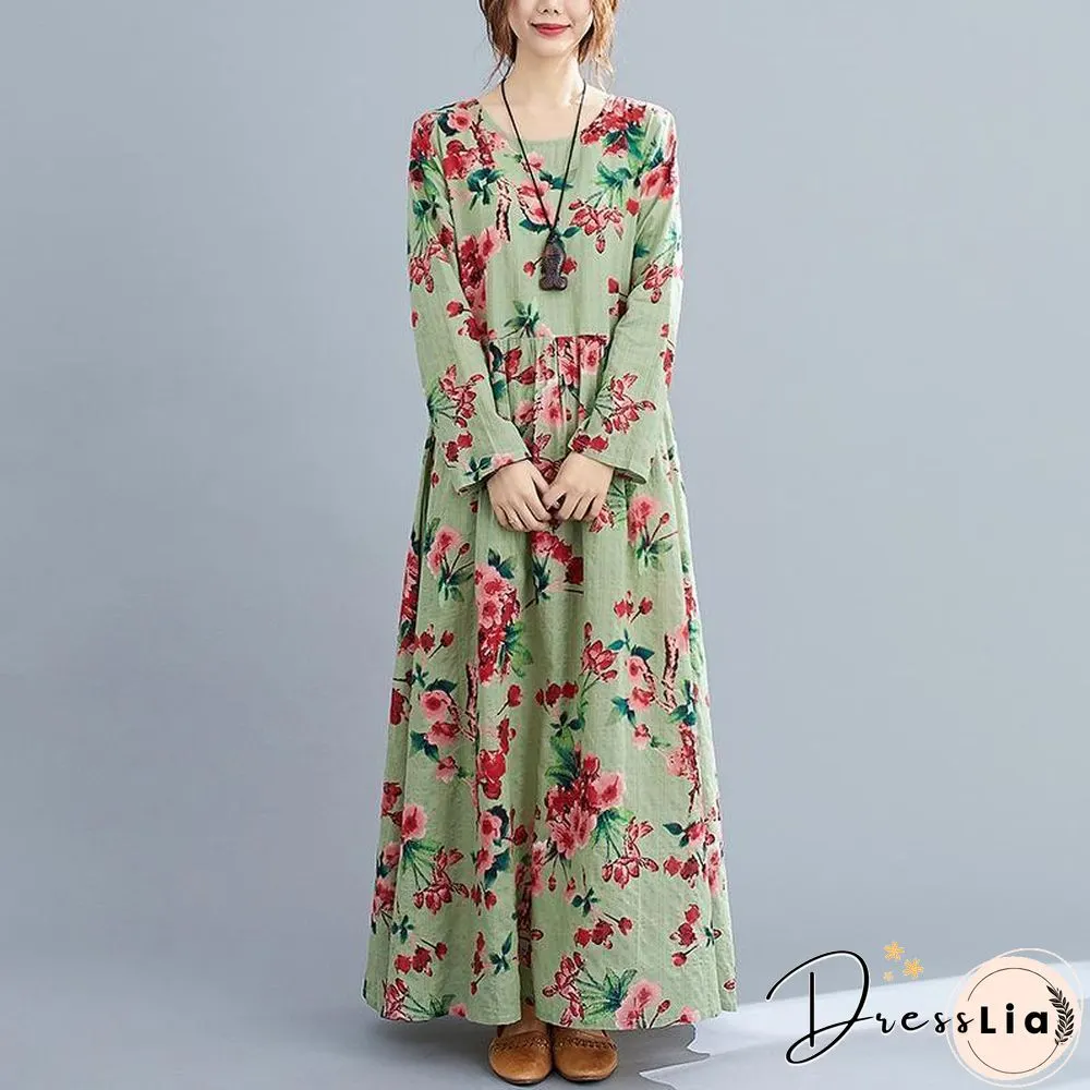 Loose Cotton Linen Printed Long Sleeve Swing Maxi Dress