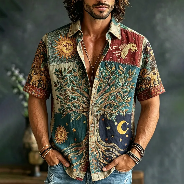 Men's Color Matching Tree Of Life Stars Moon Print Hippie Vintage Shirt