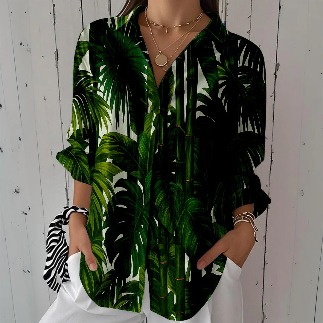 Style & Comfort for Mature Women Women Tropical, Leaves, Bamboo, Green DZCL0126 3/4 Sleeve Shirt Collar Printed Button Tops