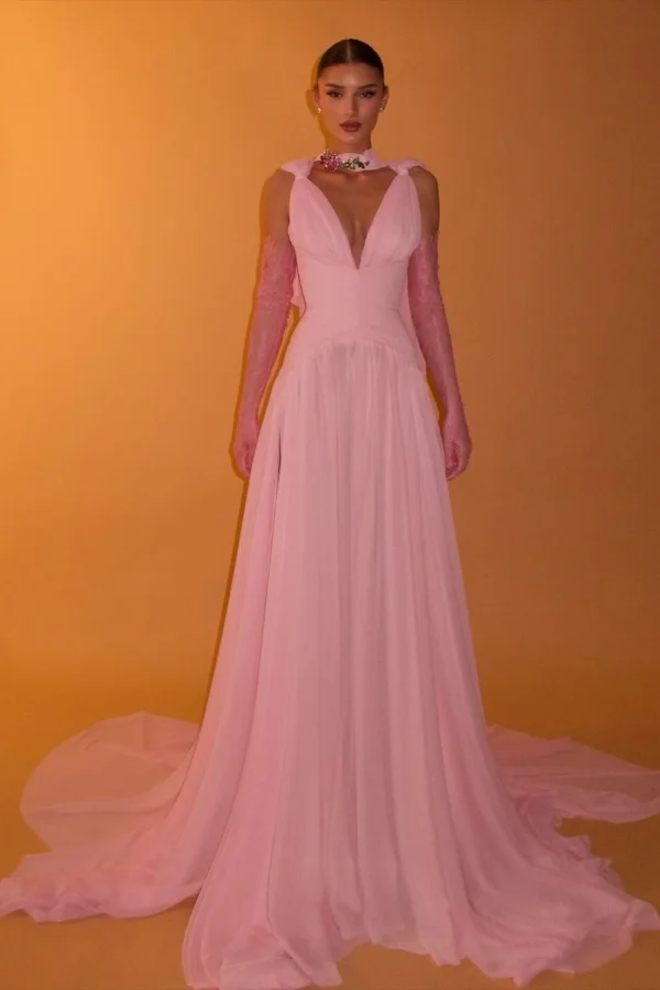 Dreamy Candy Pink Deep Flower V-neck Pleated Prom Dress With Lace Gloves YK0015
