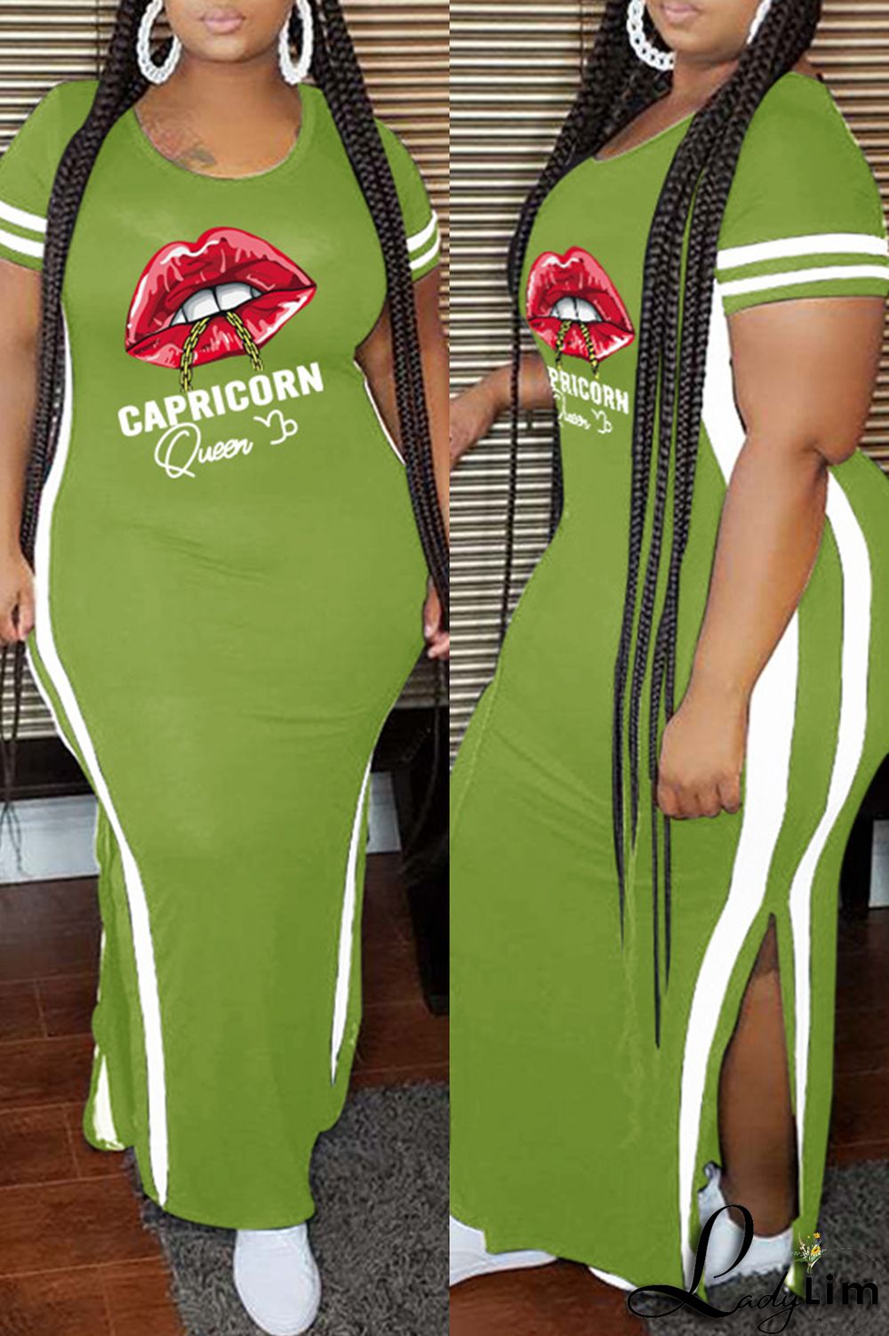 Pink Fashion Casual Plus Size Lips Printed Split Joint Slit O Neck Short Sleeve Dress