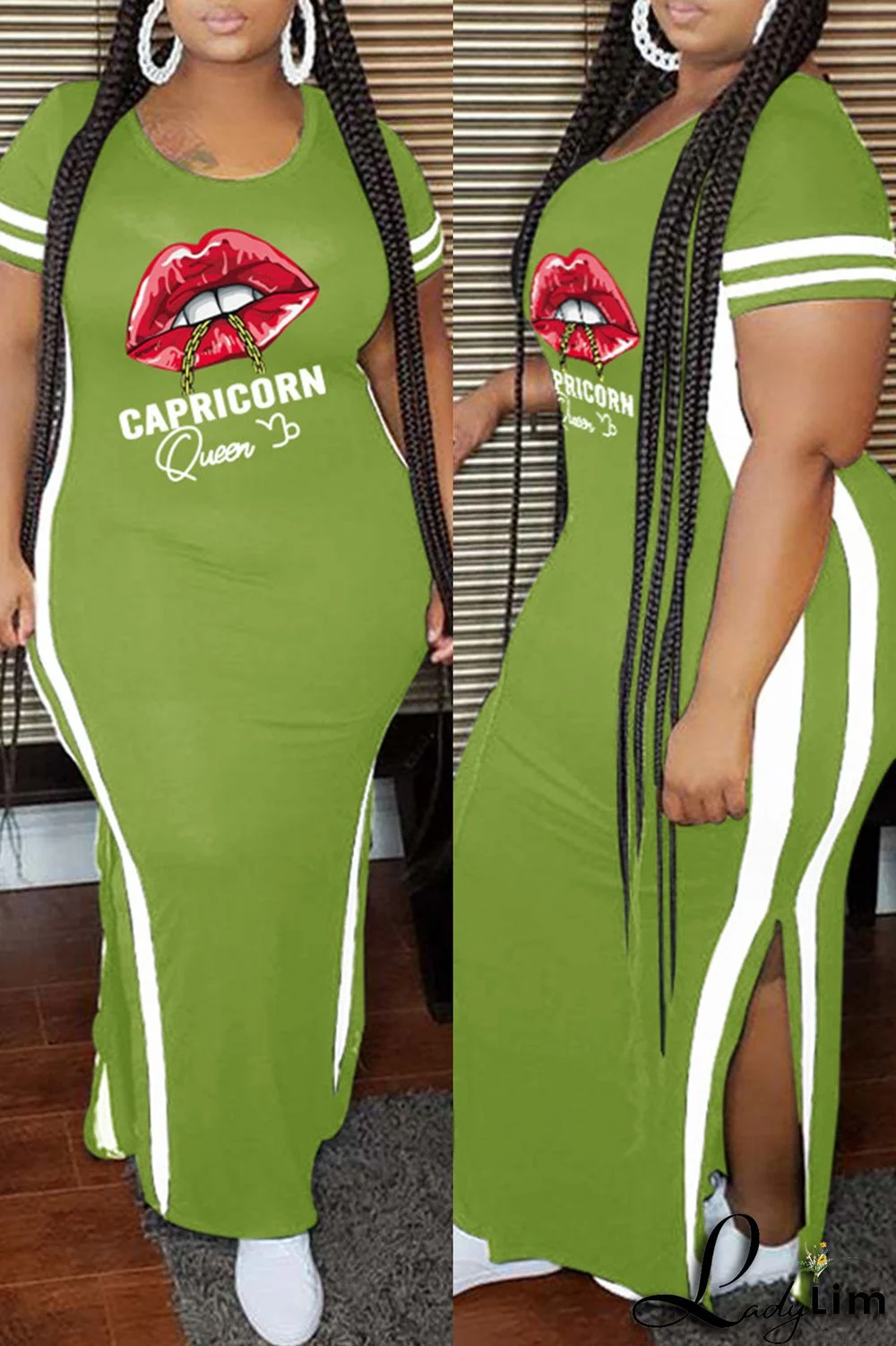 Pink Fashion Casual Plus Size Lips Printed Split Joint Slit O Neck Short Sleeve Dress