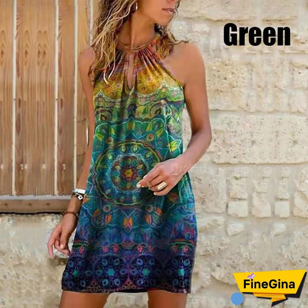 New Summer Women's Fashion Sling Halterneck Print Dress Casual Party Dresses Girls Above Knee sleeveless Dress Plus Size