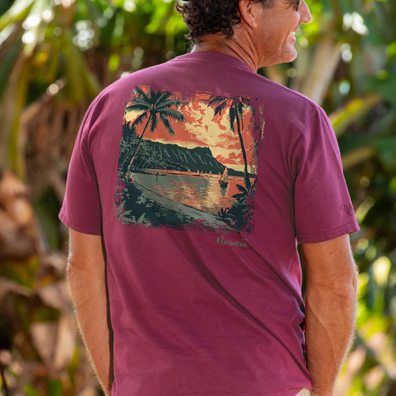 Men's Surfing Long Sleeved Round Neck Beach Sunset Printed T-shirt