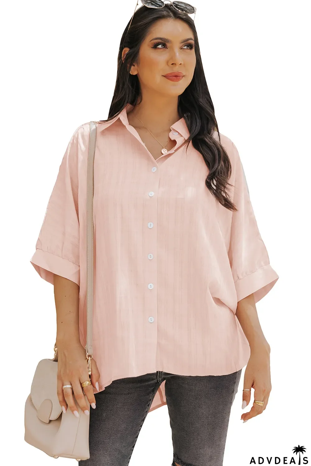 Pink Button Front Dolman Sleeves Shirt