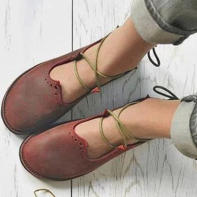 Women's retro round toe lace-up loafers comfortable flat loafers shoes
