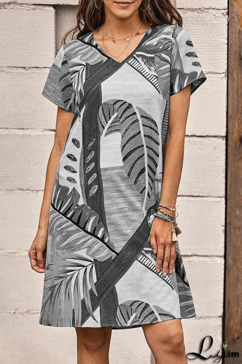 Fashion Casual Print Split Joint V Neck A Line Dresses