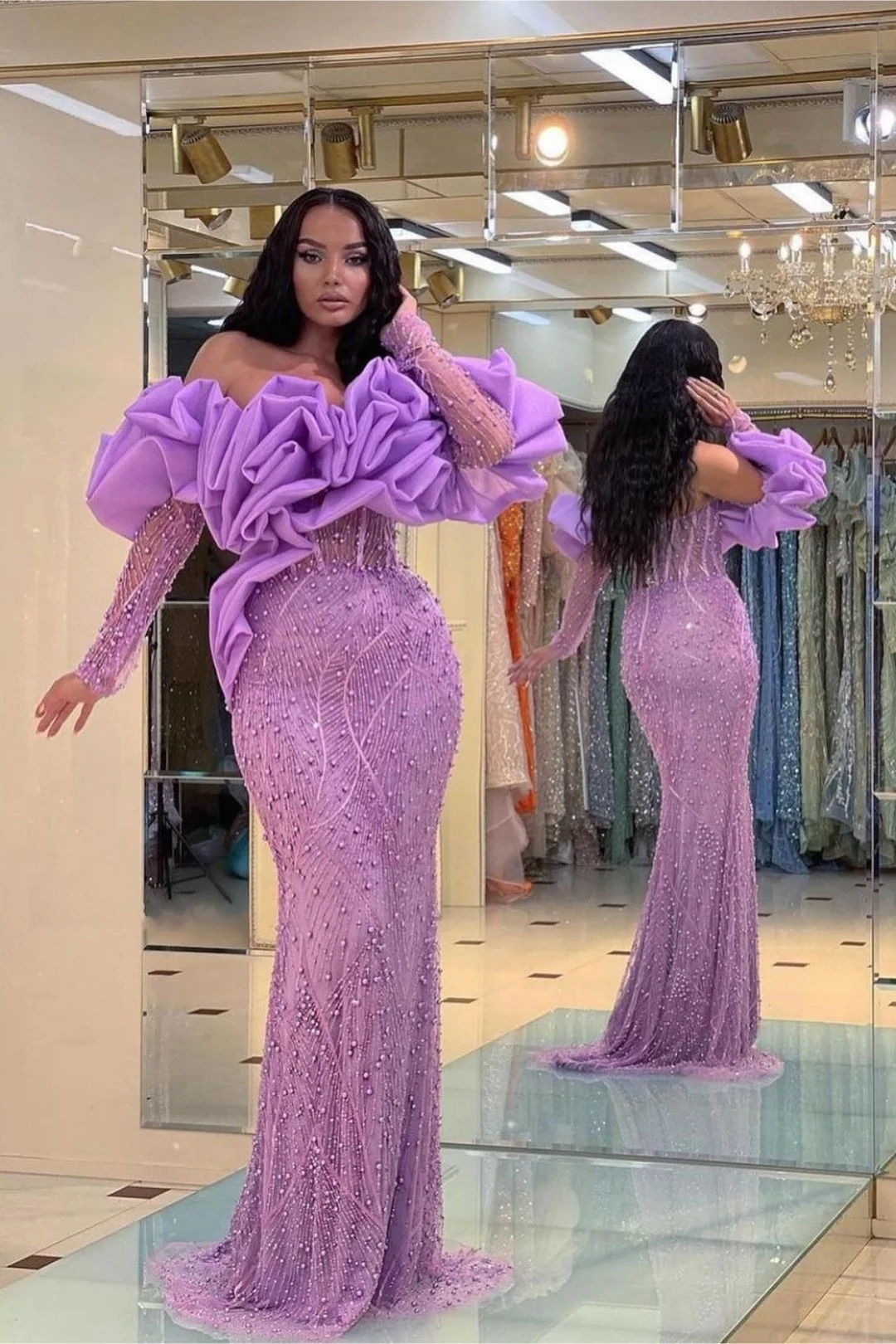 Lisliy Prom Dress Purple Bubble Sleeves Long Strapless Sequins Beadings 