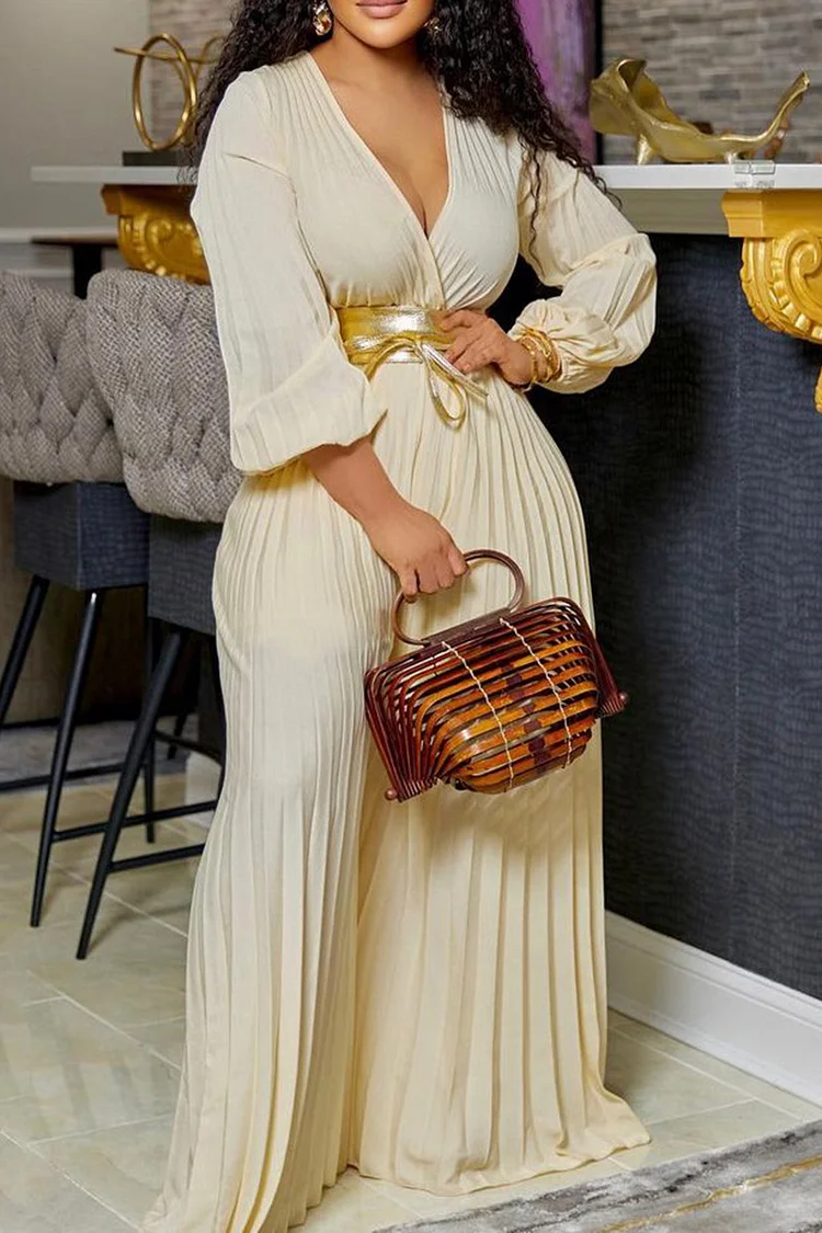 Plus Size Apricot Daily Pleated Wide Leg Jumpsuit (Without Belt)