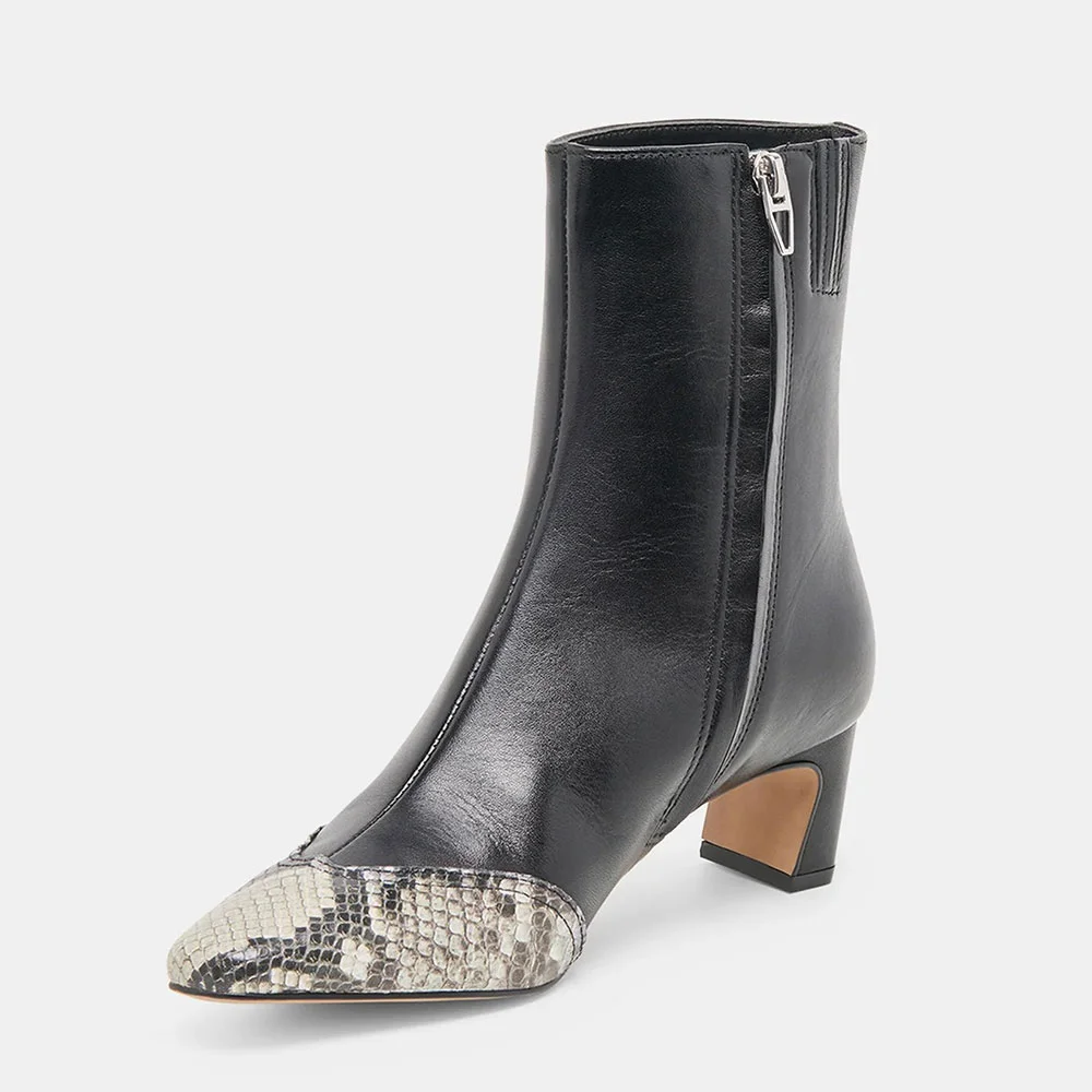 Black Snakeskin Pattern Closed Toe Chunky Heel Ankle Boots with Zipper