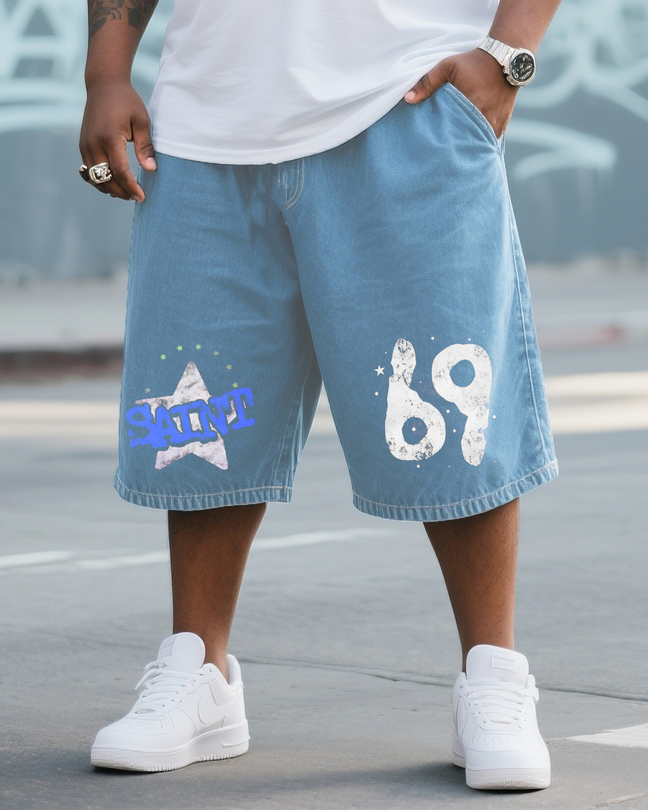Big & Tall Men's Street Fashion Original Design Saint Hot Stamping Washing Water Denim Shorts