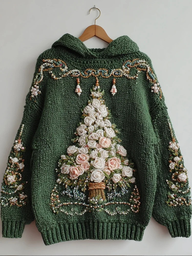 Rose Christmas Tree Vintage Green Hooded Sweater